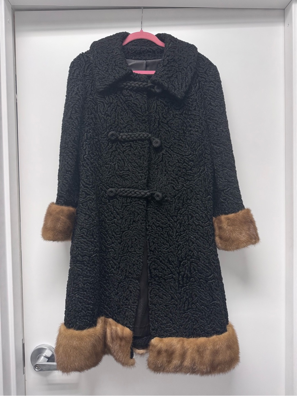 Black  Persian Lamb Coat with Brown  Fur Trim - Classic Toggle Closure
